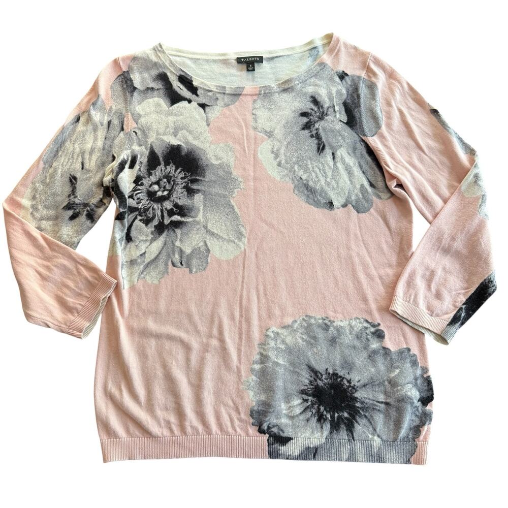 Talbots Women’s pale pink crewneck sweater with grey floral patterns, Size S